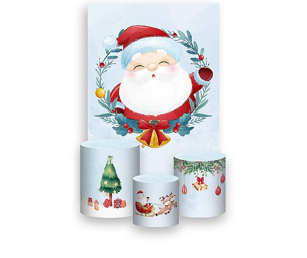 Painel De Festa Vertical 1,50 x 2,20 + Trio De Capas Cilindro - Natal Papai Noel Cute 005