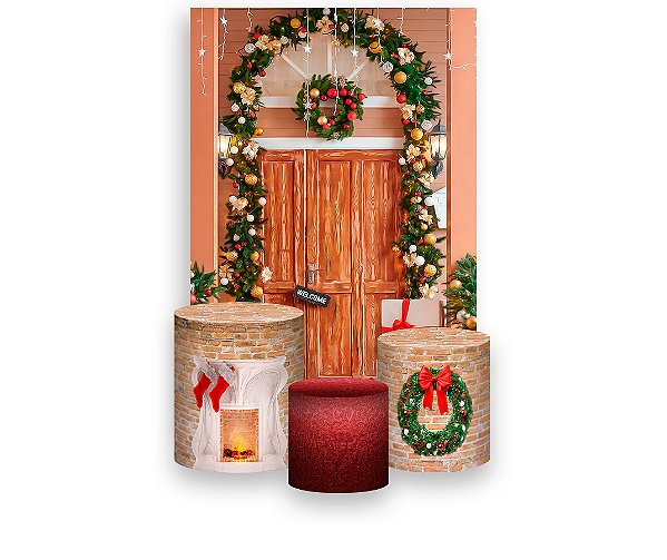 Painel De Festa Vertical 1,50 x 2,20 + Trio De Capas Cilindro - Decoração de Natal Brilhante 006