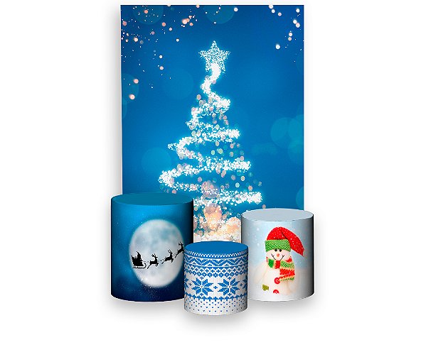 Painel De Festa Vertical 1,50 x 2,20 + Trio De Capas Cilindro - Árvore Natal Azul 008