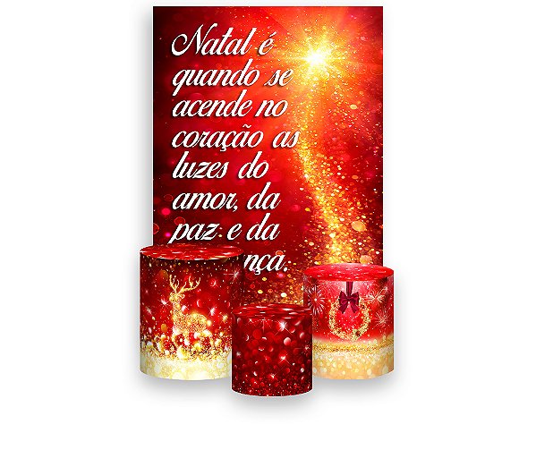 Painel De Festa Vertical 1,50 x 2,20 + Trio De Capas Cilindro - Natal Vermelho Efeito Glitter Dourados 011