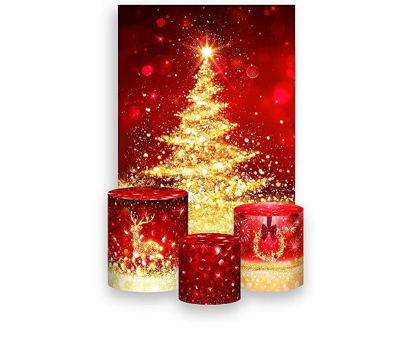 Painel De Festa Vertical 1,50 x 2,20 + Trio De Capas Cilindro - Natal Vermelho Árvore Dourada 012