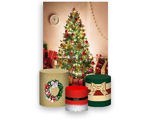Painel De Festa Vertical 1,50 x 2,20 + Trio De Capas Cilindro - Decoração De Natal Árvore 014