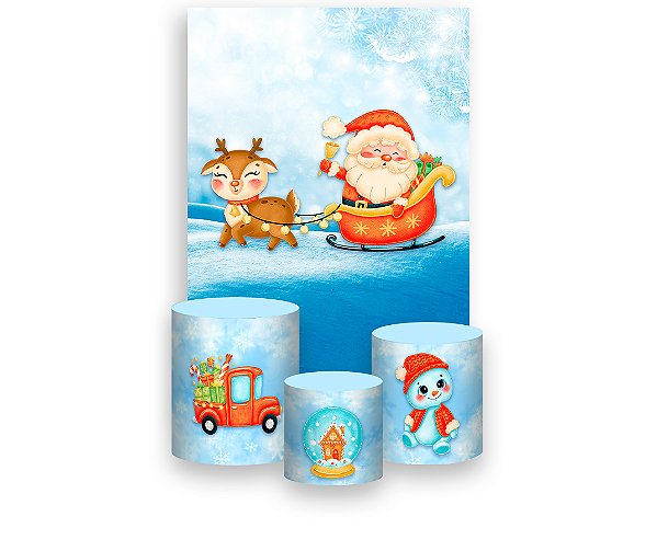 Painel De Festa Vertical 1,50 x 2,20 + Trio De Capas Cilindro - Natal Papai Noel e Rena 015