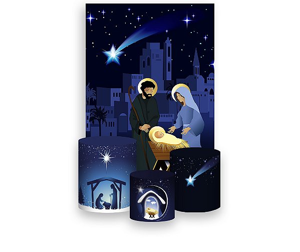 Painel De Festa Vertical 1,50 x 2,20 + Trio De Capas Cilindro - Sagrada Família Natal Azul 020