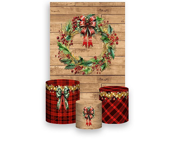 Painel De Festa Vertical 1,50 x 2,20 + Trio De Capas Cilindro - Natal Efeito Madeira com Guirlanda 026