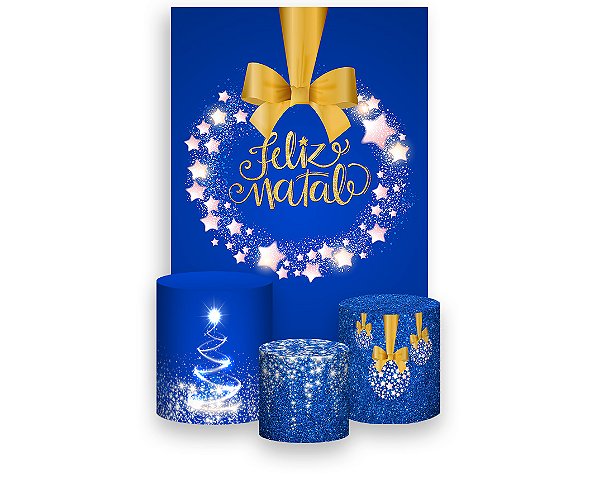 Painel De Festa Vertical 1,50 x 2,20 + Trio De Capas Cilindro - Natal Azul Efeito Glitter Dourado 033