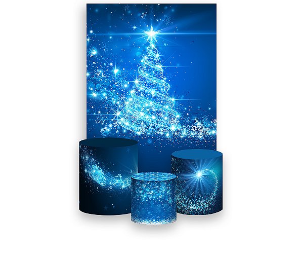 Painel De Festa Vertical 1,50 x 2,20 + Trio De Capas Cilindro - Natal Azul Árvore Efeito Brilho 035