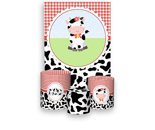 Painel De Festa Vertical 1,50 x 2,20 + Trio De Capas Cilindro - Fazendinha Vaquinha Xadrez Vermelho 024