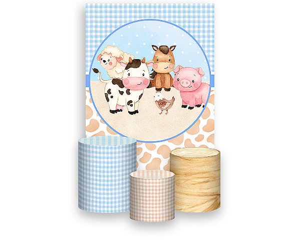 Painel De Festa Vertical 1,50 x 2,20 + Trio De Capas Cilindro - Animais Fazendinha Azul e Bege 034