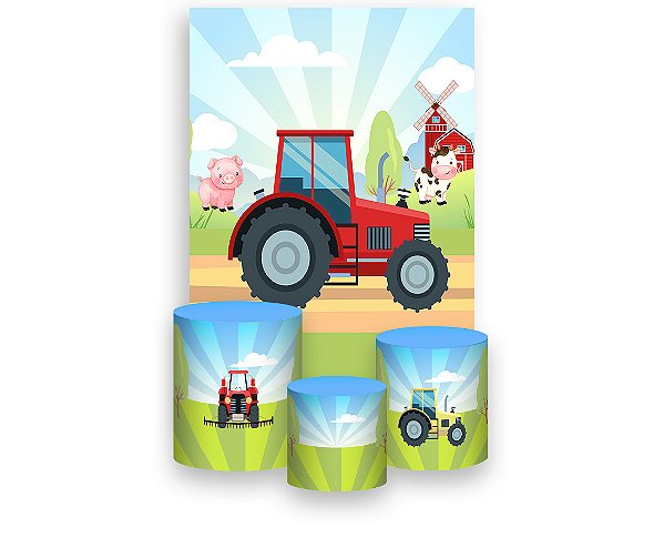 Painel De Festa Vertical 1,50 x 2,20 + Trio De Capas Cilindro - Fazendinha Tratorzinho Vermelho 044