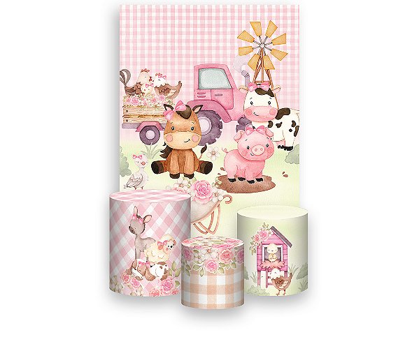 Painel De Festa Vertical 1,50 x 2,20 + Trio De Capas Cilindro - Animais Cute Fazendinha Rosa 051