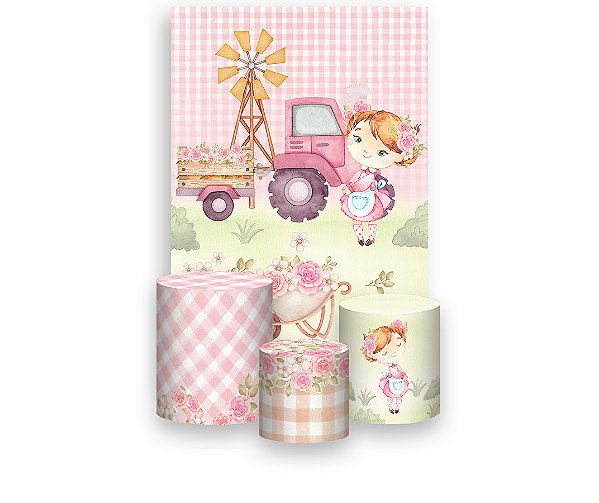 Painel De Festa Vertical 1,50 x 2,20 + Trio De Capas Cilindro - Menina Cute Fazendinha Rosa 053