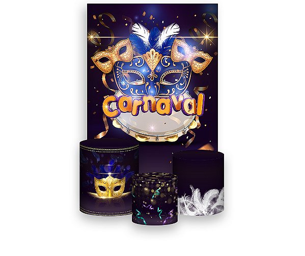 Painel De Festa Vertical 1,50 x 2,20 + Trio De Capas Cilindro - Carnaval Chique Mascaras 009