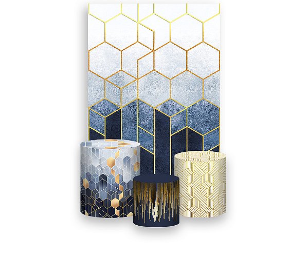 Painel De Festa Vertical 1,50 x 2,20 + Trio De Capas Cilindro - Geométrico Azul com Dourado 001