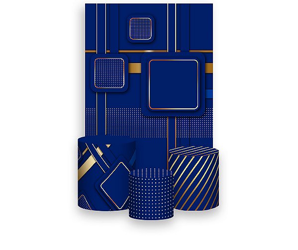 Painel De Festa Vertical 1,50 x 2,20 + Trio De Capas Cilindro - Azul com Geométrico Dourado 002