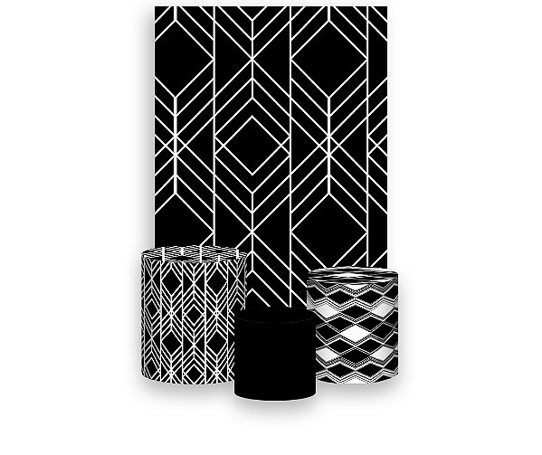 Painel De Festa Vertical 1,50 x 2,20 + Trio De Capas Cilindro - Geométrico Preto e Branco 005