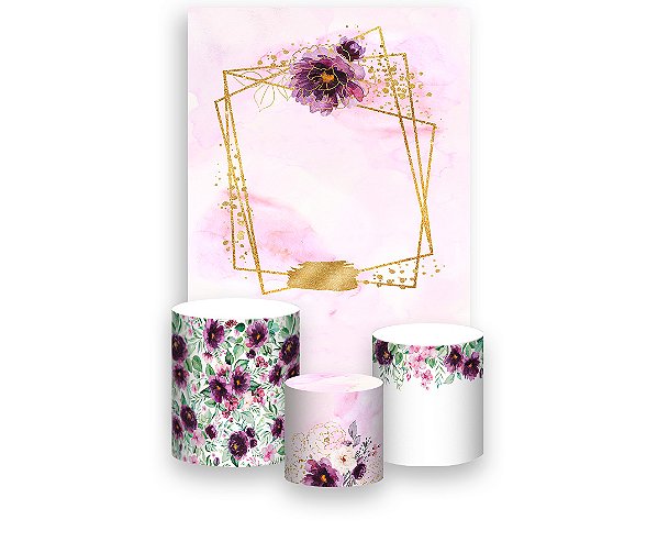 Painel De Festa Vertical 1,50 x 2,20 + Trio De Capas Cilindro - Geométrico com Flores Roxas 006