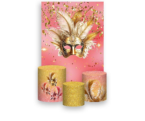 Painel De Festa Vertical 1,50 x 2,20 + Trio De Capas Cilindro - Mascara Dourada Carnaval Rosa 017