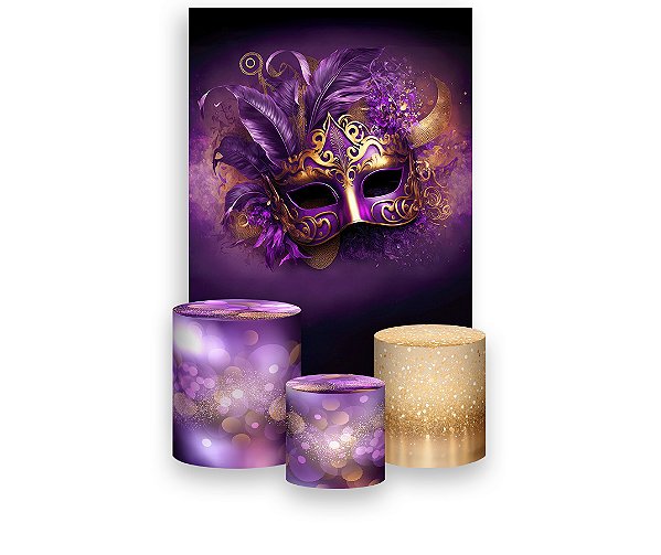 Painel De Festa Vertical 1,50 x 2,20 + Trio De Capas Cilindro - Mascara de Carnaval Roxo e Dourado 019
