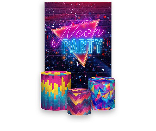 Painel De Festa Vertical 1,50 x 2,20 + Trio De Capas Cilindro - Efeito Neon Party Colorido 002