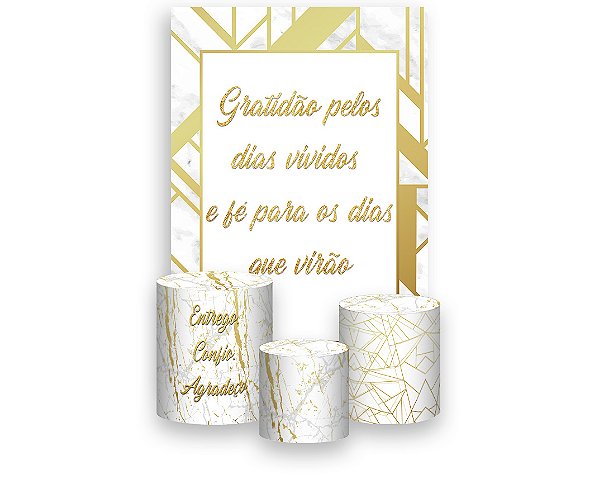 Painel De Festa Vertical 1,50 x 2,20 + Trio De Capas Cilindro - Branco com Geométrico Dourado 015
