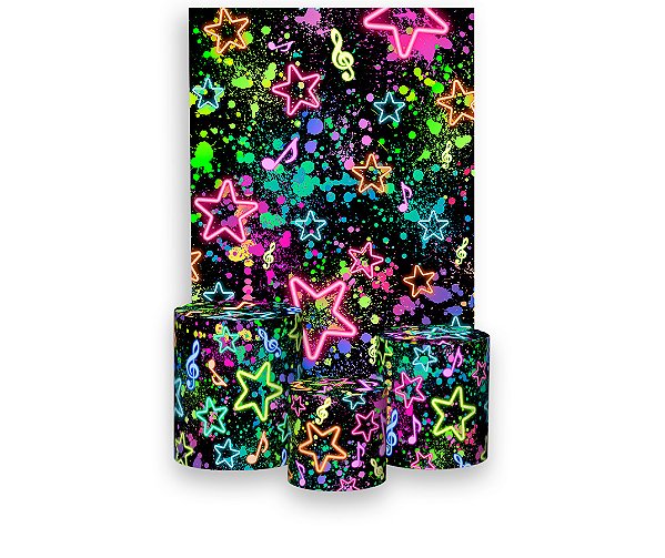 Painel De Festa Vertical 1,50 x 2,20 + Trio De Capas Cilindro - Estrelas e Notas Musicais Efeito Neon 004