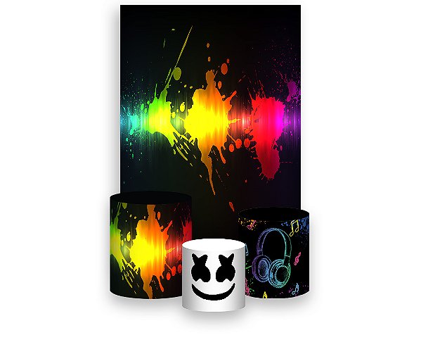 Painel De Festa Vertical 1,50 x 2,20 + Trio De Capas Cilindro - Frequencia Musica Efeito Neon 005