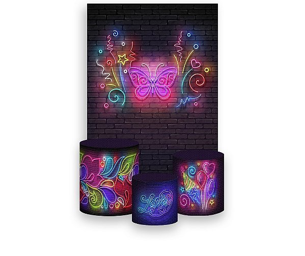 Painel De Festa Vertical 1,50 x 2,20 + Trio De Capas Cilindro - Efeito Neon Party Borboleta 007