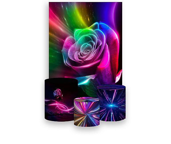 Painel De Festa Vertical 1,50 x 2,20 + Trio De Capas Cilindro - Flor Efeito Neon Colorido 008