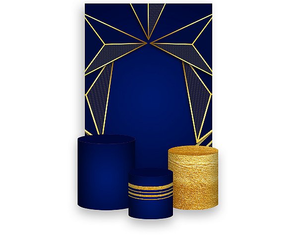 Painel De Festa Vertical 1,50 x 2,20 + Trio De Capas Cilindro - Geométrico Azul com Dourado 020