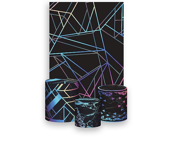 Painel De Festa Vertical 1,50 x 2,20 + Trio De Capas Cilindro - Fundo Preto Linhas Efeito Neon 012