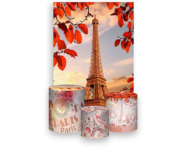 Painel De Festa Vertical 1,50 x 2,20 + Trio De Capas Cilindro -  Paris Torre Eiffel Aquarela 001