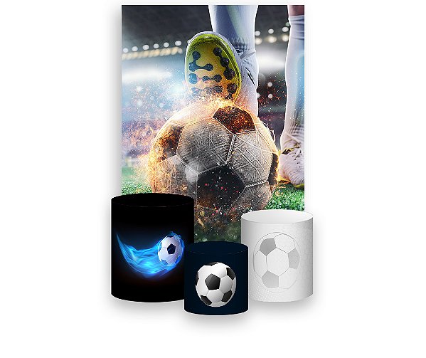 Painel De Festa Vertical 1,50 x 2,20 + Trio De Capas Cilindro - Bola de Futebol Pegando Fogo 013