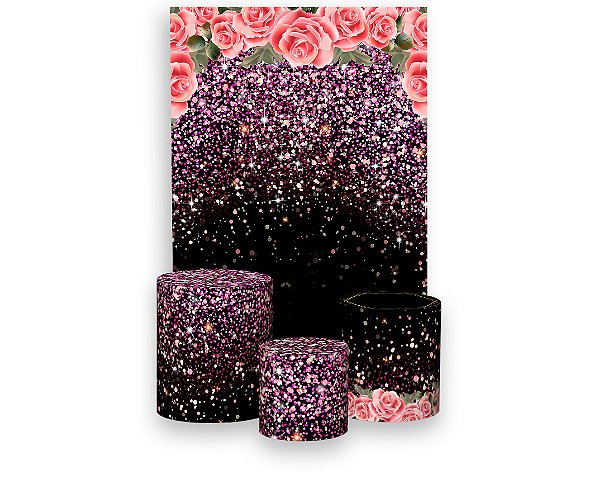 Painel De Festa Vertical 1,50 x 2,20 + Trio De Capas Cilindro - Efeito Glitter Pink 001