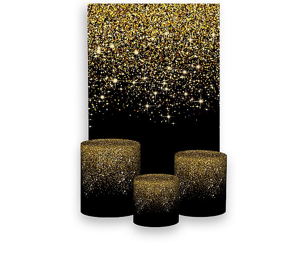 Painel De Festa Vertical 1,50 x 2,20 + Trio De Capas Cilindro - Preto Efeito Glitter Dourado 003