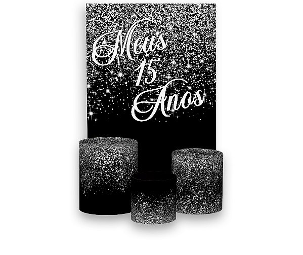 Painel De Festa Vertical 1,50 x 2,20 + Trio De Capas Cilindro - Meus 15 Anos Efeito Glitter Prata 009