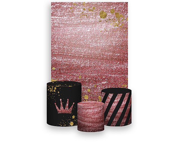 Painel De Festa Vertical 1,50 x 2,20 + Trio De Capas Cilindro - Rosa Metalizado Efeito Glitter 010