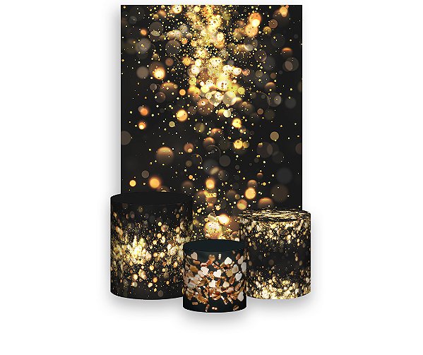 Painel De Festa Vertical 1,50 x 2,20 + Trio De Capas Cilindro - Preto Efeito Luzes Dourado 011