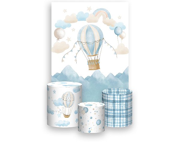 Painel De Festa Vertical 1,50 x 2,20 + Trio De Capas Cilindro - Balão Aquarela Azul com Bege 004