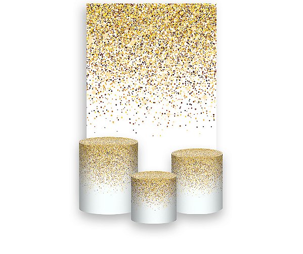 Painel De Festa Vertical 1,50 x 2,20 + Trio De Capas Cilindro - Branco Efeito Glitter Dourado 017