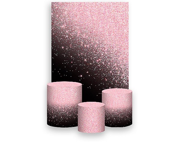 Painel De Festa Vertical 1,50 x 2,20 + Trio De Capas Cilindro - Preto Efeito Glitter Rosa Claro 035