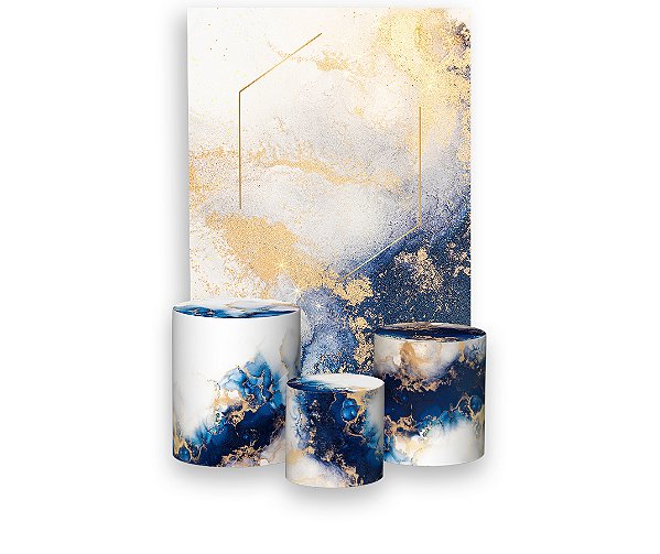 Painel De Festa Vertical 1,50 x 2,20 + Trio De Capas Cilindro -  Efeito Mármore Azul e Dourado 037
