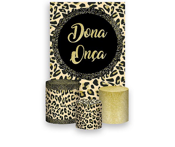 Painel De Festa Vertical 1,50 x 2,20 + Trio De Capas Cilindro - Dona Onça Efeito Glitter Dourado 040