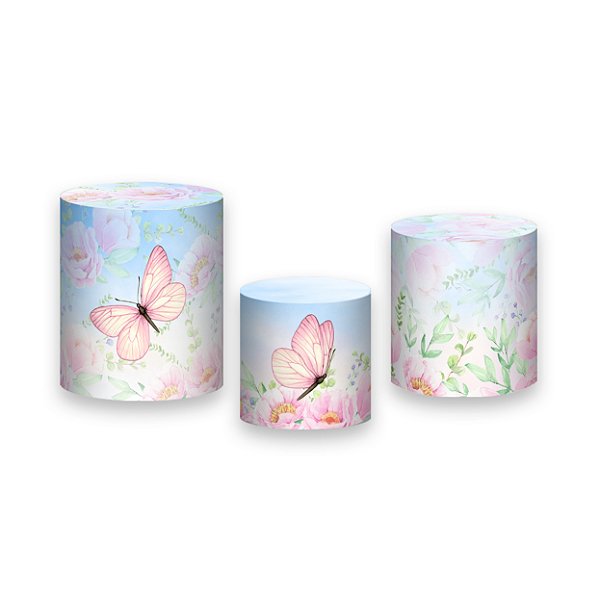 Trio De Capas De Cilindro - Borboleta com Flor Peônia Azul e Rosa 030