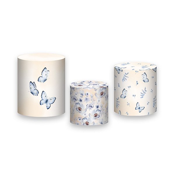 Trio De Capas De Cilindro - Borboletas Flores Azul Fundo Bege 032