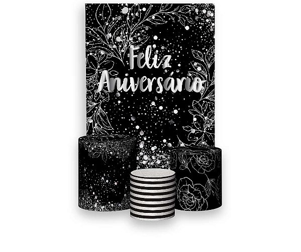 Painel De Festa Vertical 1,50 x 2,20 + Trio De Capas Cilindro - Efeito Brilhos Feliz Aniversário Prateado 002