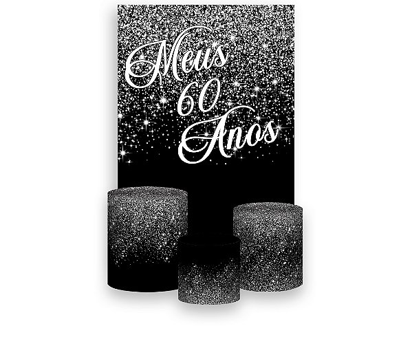 Painel De Festa Vertical 1,50 x 2,20 + Trio De Capas Cilindro - Efeito Glitter Prata 60 Anos 186