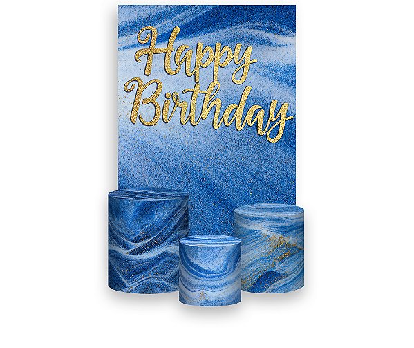 Painel De Festa Vertical 1,50 x 2,20 + Trio De Capas Cilindro - Happy Birthday Azul com Branco e Dourado 193