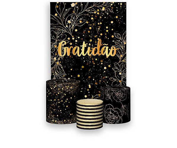 Painel De Festa Vertical 1,50 x 2,20 + Trio De Capas Cilindro - Efeito Brilhos Gratidão Dourado 009