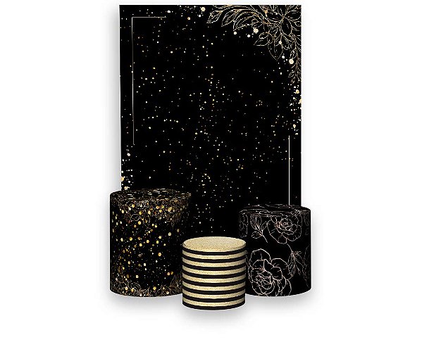 Painel De Festa Vertical 1,50 x 2,20 + Trio De Capas Cilindro - Efeito Brilhos  Dourado 012
